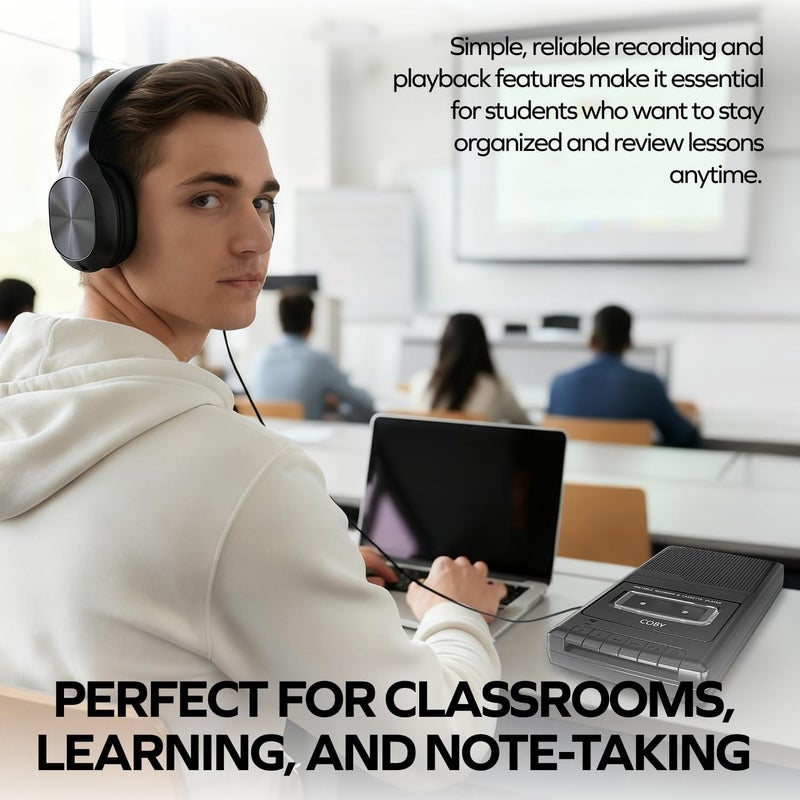 COBY Portable Cassette Player & Recorder with Over-Ear Headphones, Built-in Microphone, One-Touch Recording, Automatic Stop, Carry Handle – Tape Playback & Voice Recording - Image 3